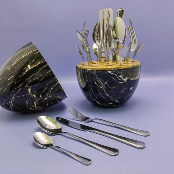 Набор столовых приборов в Футляре - Яйце Maxiegg 24 предмета / Премиум класс, цвет ЧЕРНЫЙ МРАМОР